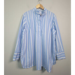 J. Jill 2X Long Sleeve Cotton Popover Top Blouse Striped Blue White